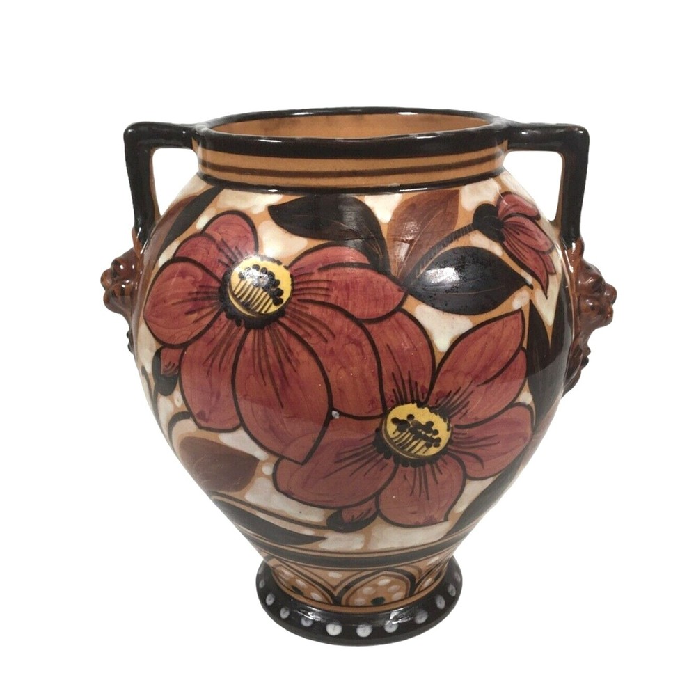 Lion Head Italian Vase Ceramic Glazed Double Handle Floral 7.5” Italy Signed